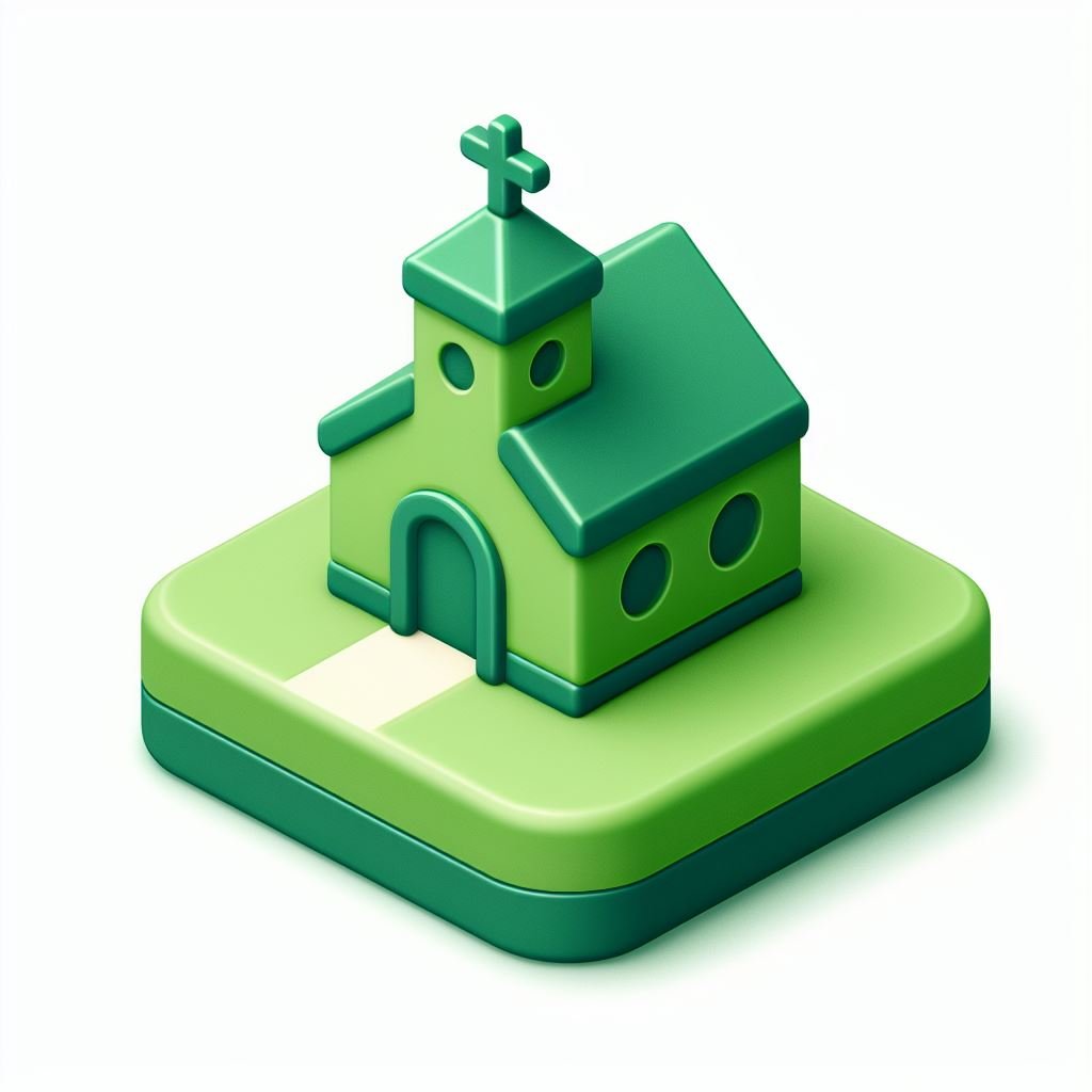 En animert grønn kirke på en bakketopp